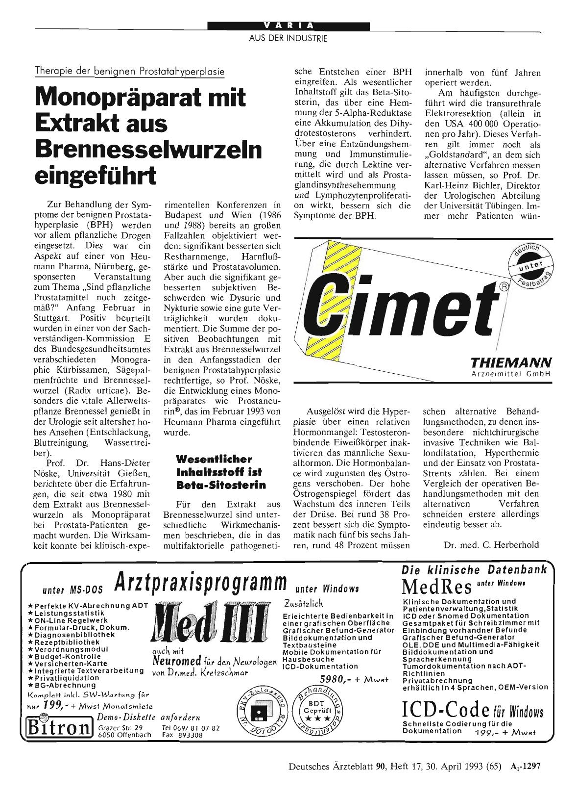 Vorschauseite 1: Therapie der benignen Prostatahyperplasie: Monopräparat mit Extrakt aus Brennesselwurzeln eingeführt