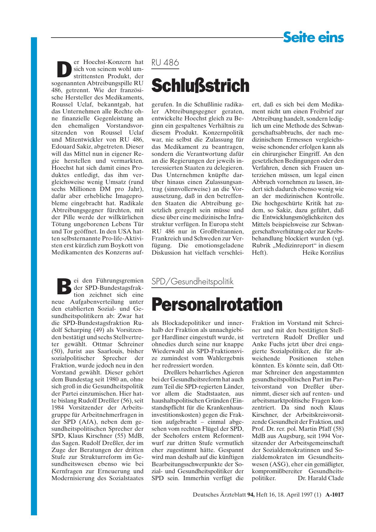 Vorschauseite 1: SPD/Gesundheitspolitik: Personalrotation
