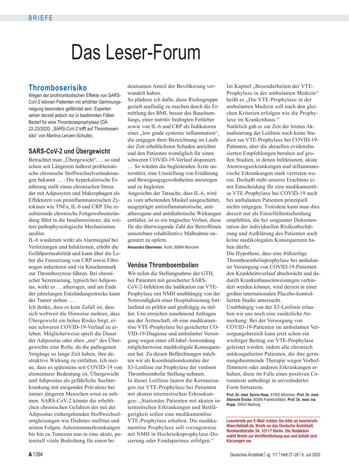Vorschauseite 1: Thromboserisiko: Venöse Thromboembolien