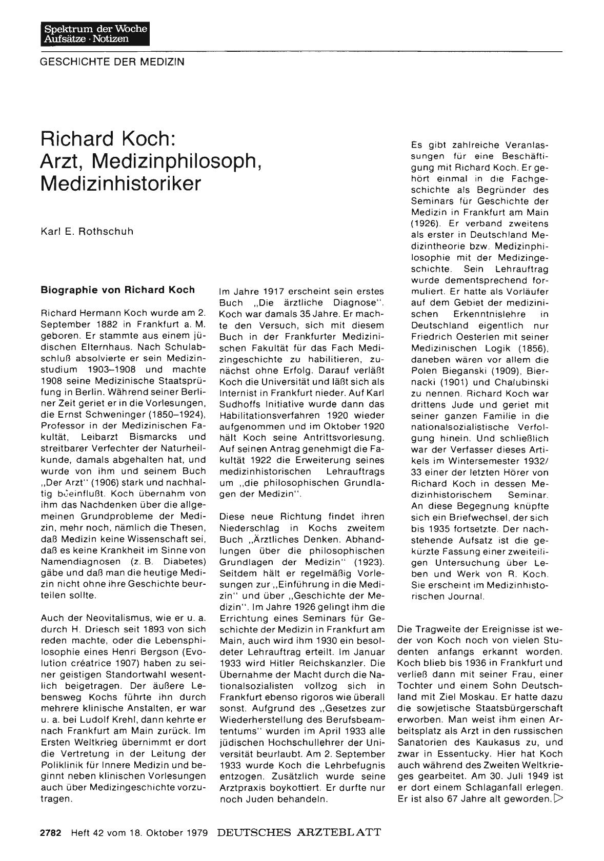 Vorschauseite 1: Richard Koch: Arzt, Medizinphilosoph, Medizinhistoriker
