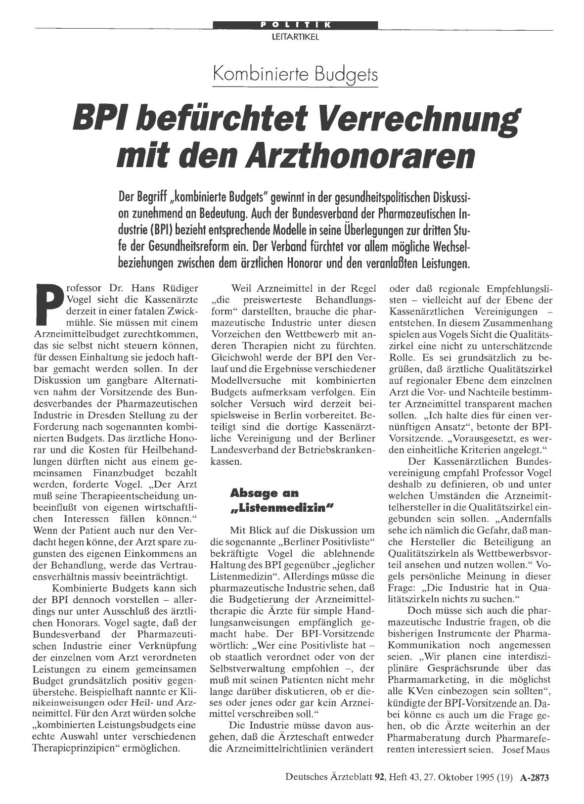 Vorschauseite 1: Kombinierte Budgets: BPI befürchtet Verrechnung mit den Arzthonoraren