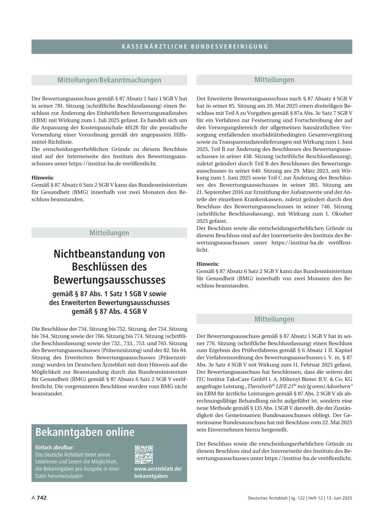 Vorschauseite 1: Nichtbeanstandung von Beschlüssen des Bewertungsausschusses gemäß § 87 Abs. 1 Satz 1 SGB V sowie des Erweiterten Bewertungsausschusses gemäß § 87 Abs. 4 SGB V