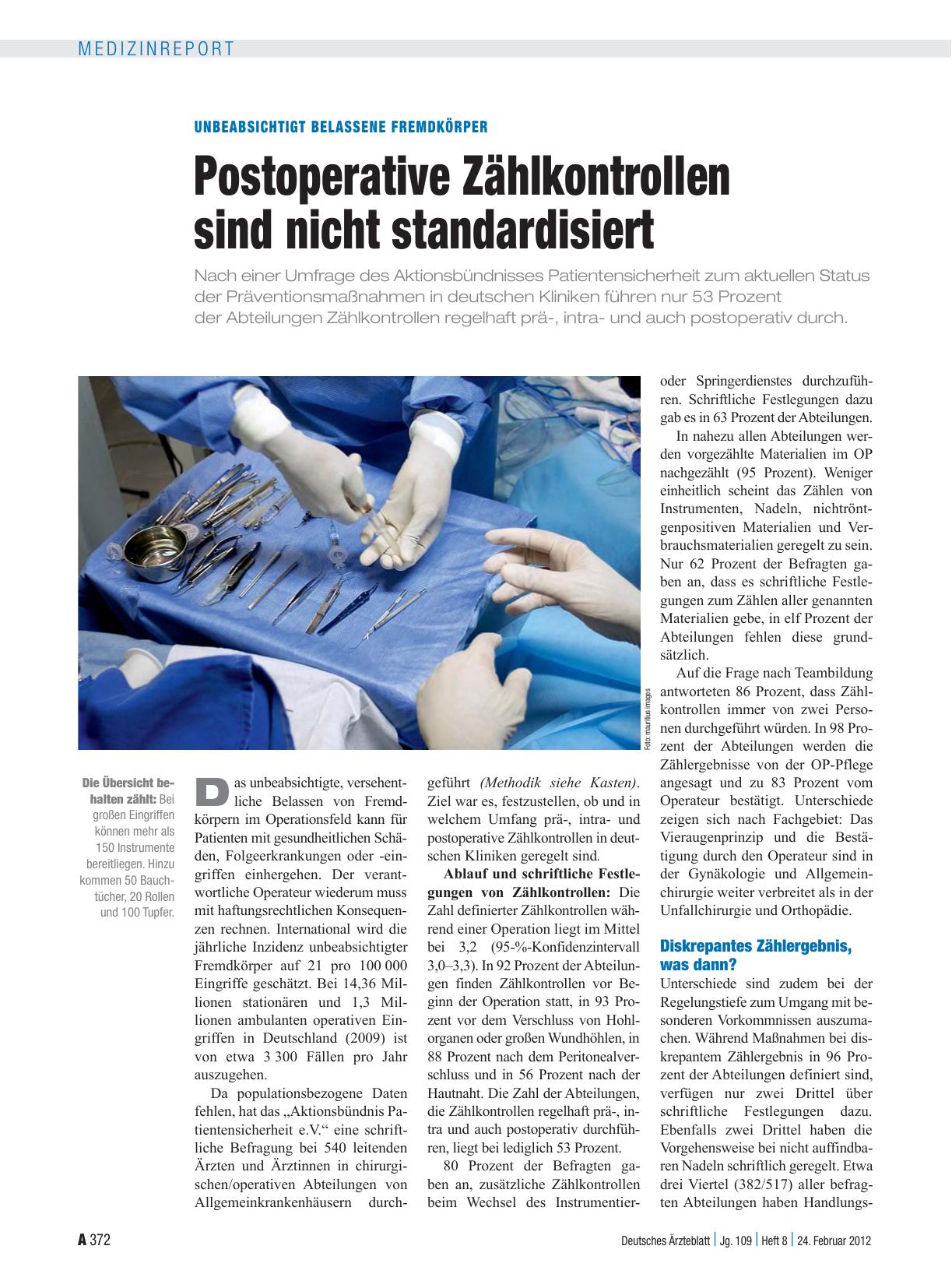 Vorschauseite 1: Unbeabsichtigt belassene Fremdkörper: Postoperative Zählkontrollen sind nicht standardisiert