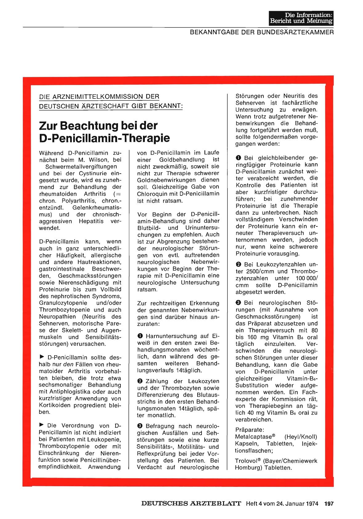 Vorschauseite 1: Zur Beachtung bei der D-Penicillamin-Therapie
