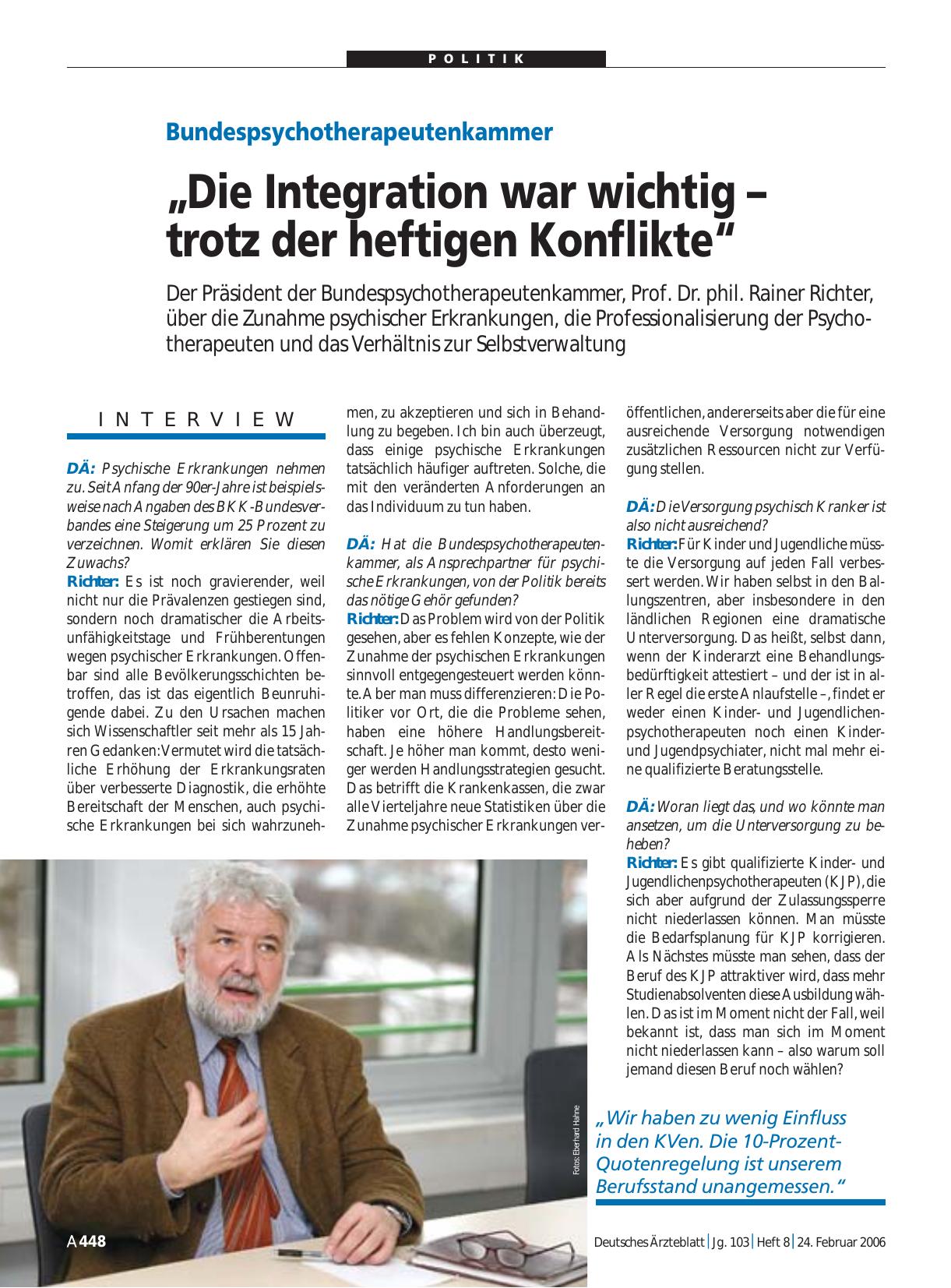 Vorschauseite 1: Bundespsychotherapeutenkammer: „Die Integration war wichtig – trotz der heftigen Konflikte“