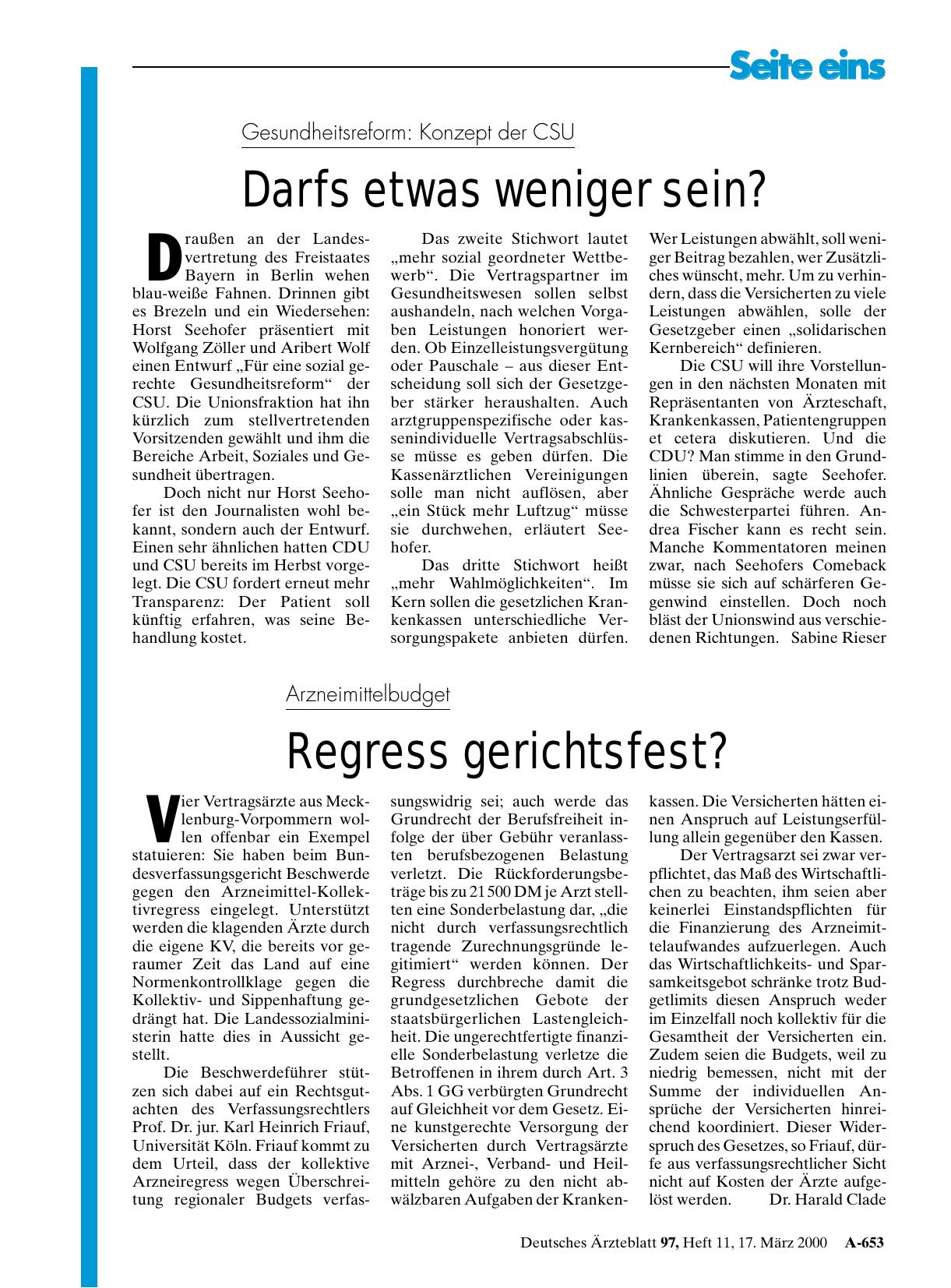 Vorschauseite 1: Gesundheitsreform – Konzept der CSU: Darfs etwas weniger sein?