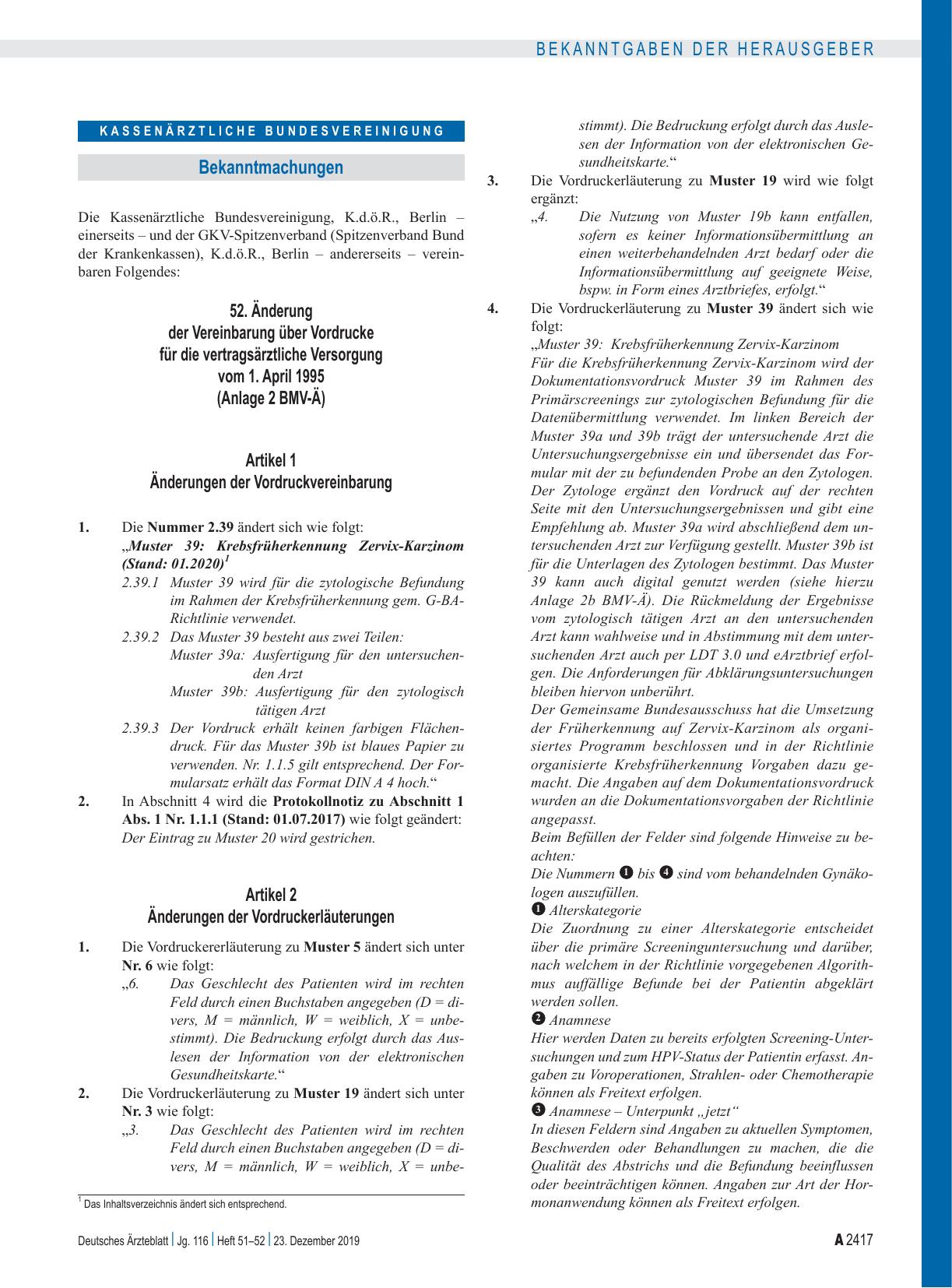 Vorschauseite 1: 52. Änderung der Vereinbarung über Vordrucke für die vertragsärztliche Versorgung vom 1. April 1995: Artikel 1, Artikel 2, Artikel 3, Inkrafttreten