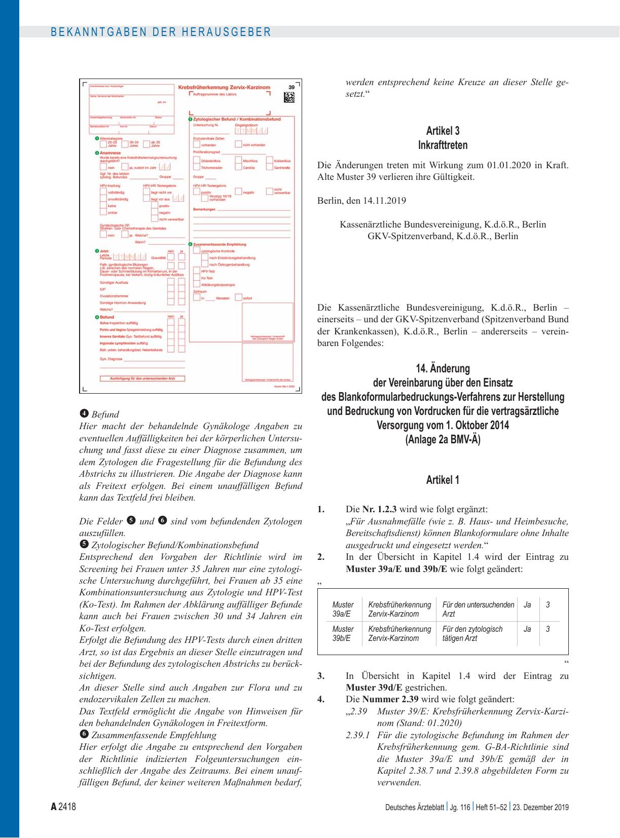 Vorschauseite 2: 52. Änderung der Vereinbarung über Vordrucke für die vertragsärztliche Versorgung vom 1. April 1995: Artikel 1, Artikel 2, Artikel 3, Inkrafttreten