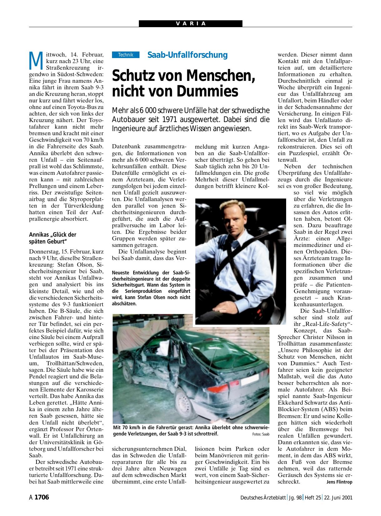 Vorschauseite 1: Saab-Unfallforschung: Schutz von Menschen, nicht von Dummies