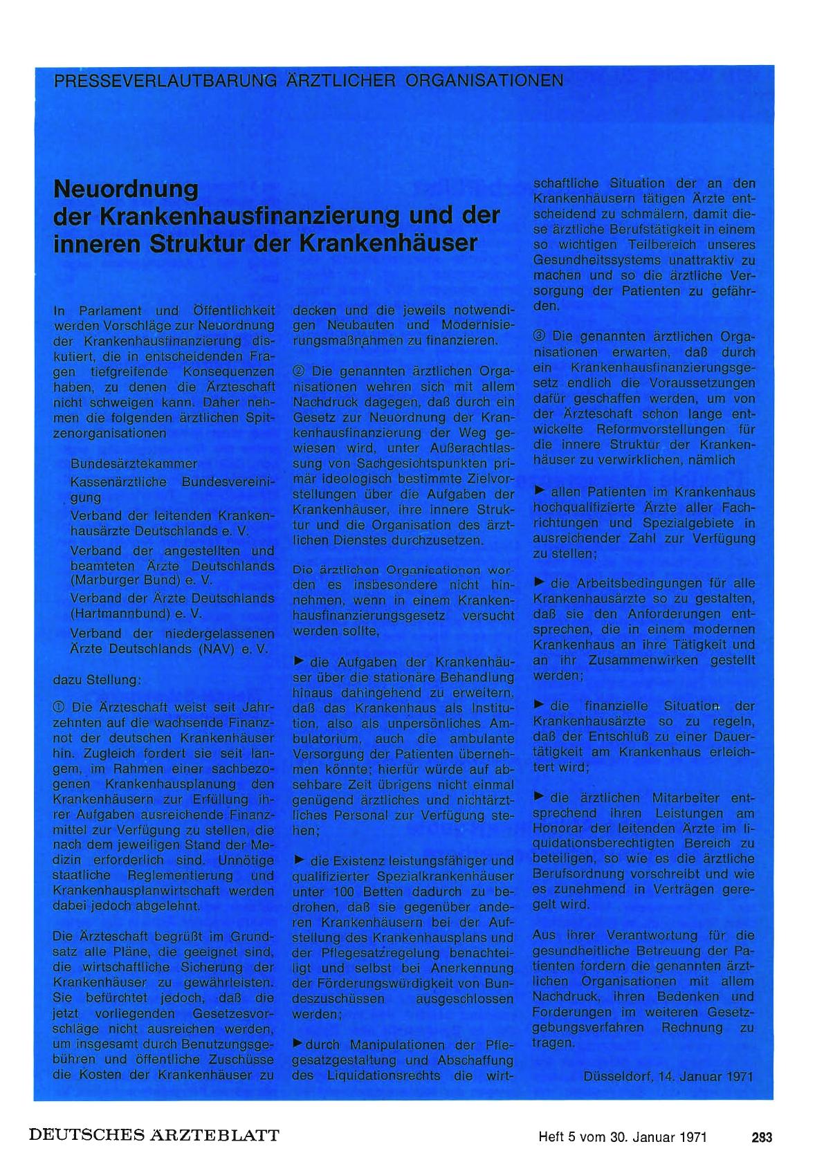 Vorschauseite 1: Presseverlautbarung ärztlicher Organisationen: Neuordnung der Krankenhausfinanzierung und der inneren Struktur der Krankenhäuser