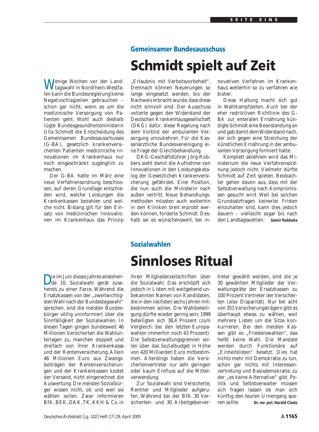 Vorschauseite 1: Gemeinsamer Bundesausschuss: Schmidt spielt auf Zeit