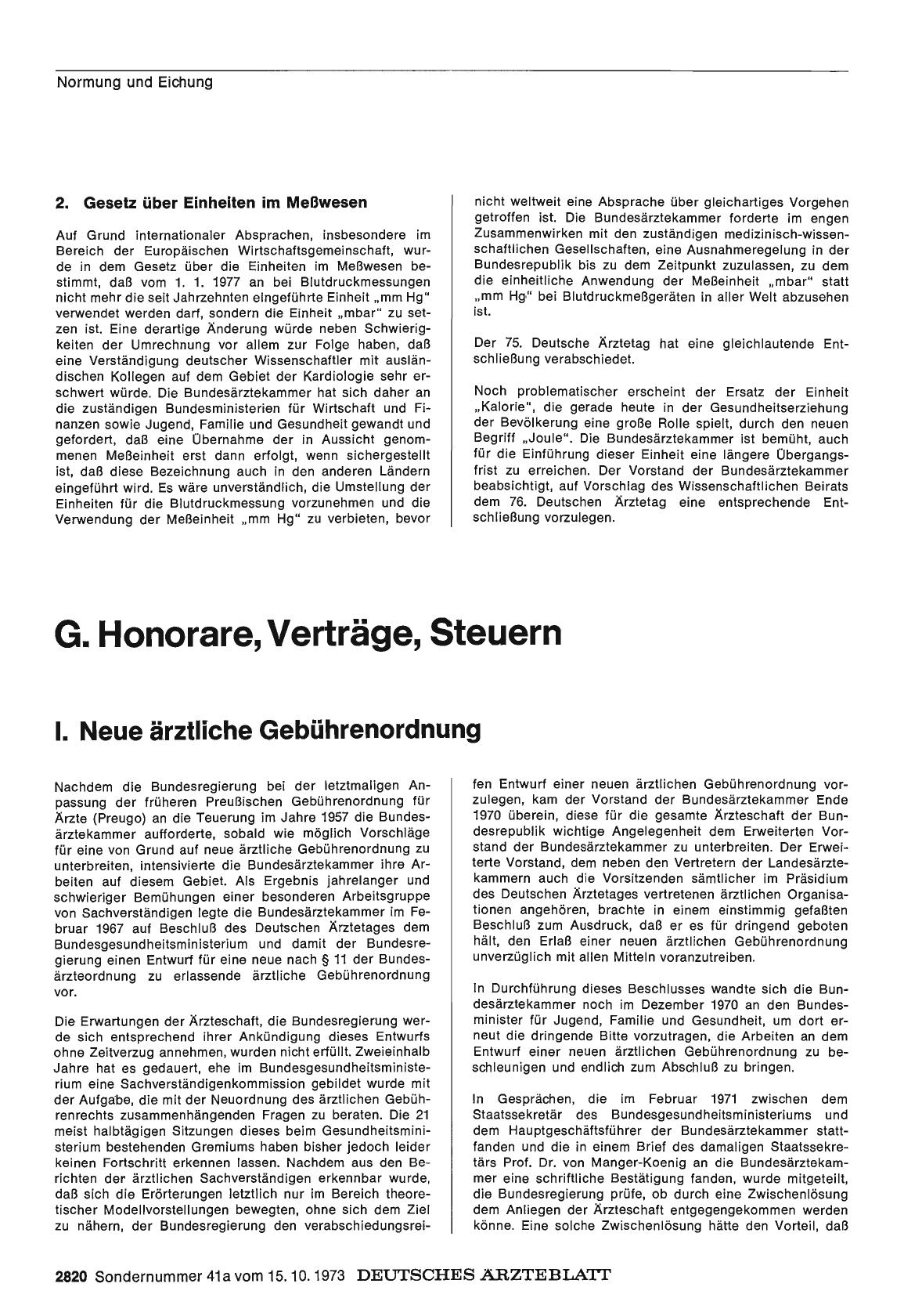Vorschauseite 1: Bericht über das Jahr 1972/73: G. Honorare, Verträge, Steuern I. Neue ärztliche Gebührenordnung