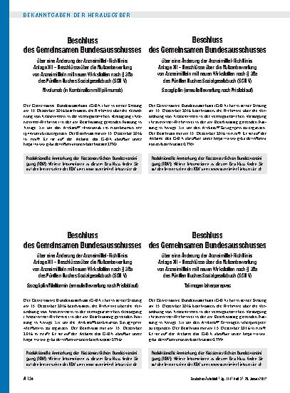 Vorschauseite 1: Beschluss des Gemeinsamen Bundesausschusses über eine Änderung der Arzneimittel-Richtlinie: Anlage XII – Beschlüsse über die Nutzenbewertung von Arzneimitteln mit neuen Wirkstoffe…