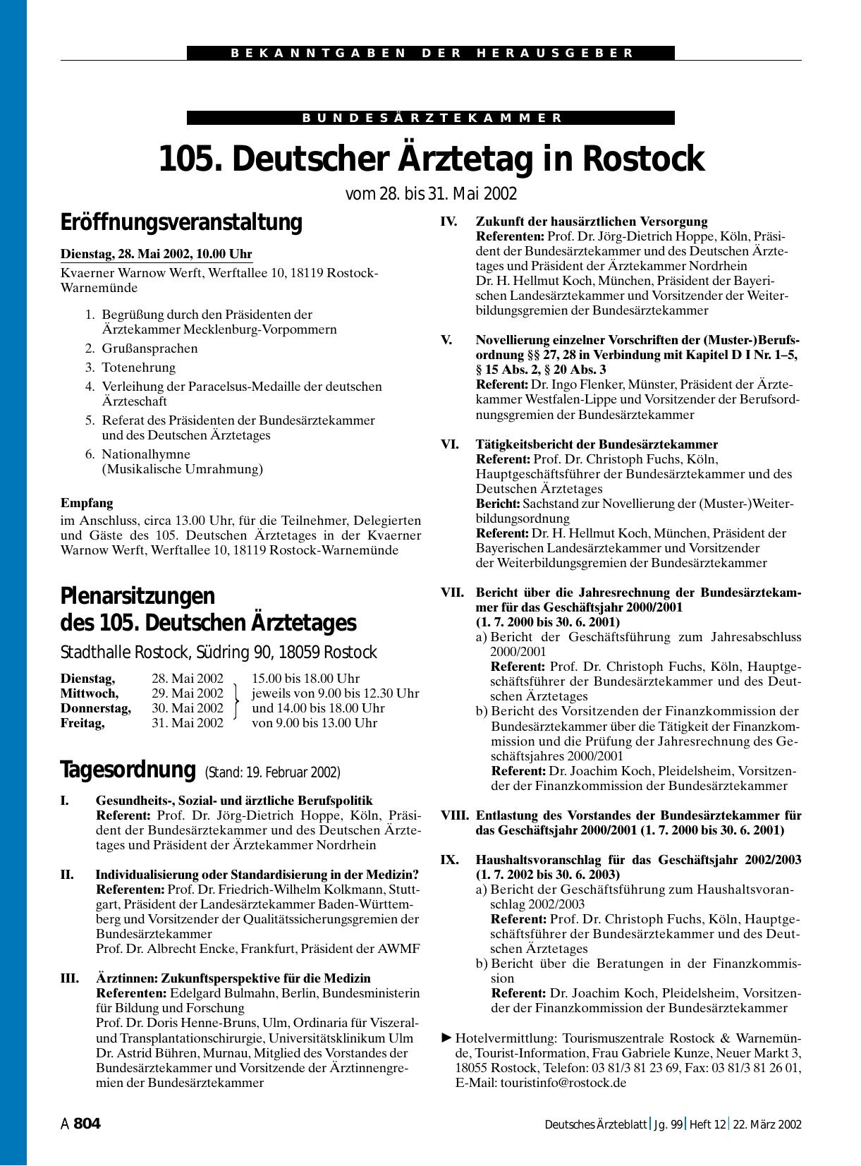 Vorschauseite 1: 105. Deutscher Ärztetag in Rostock vom 28. bis 31. Mai 2002