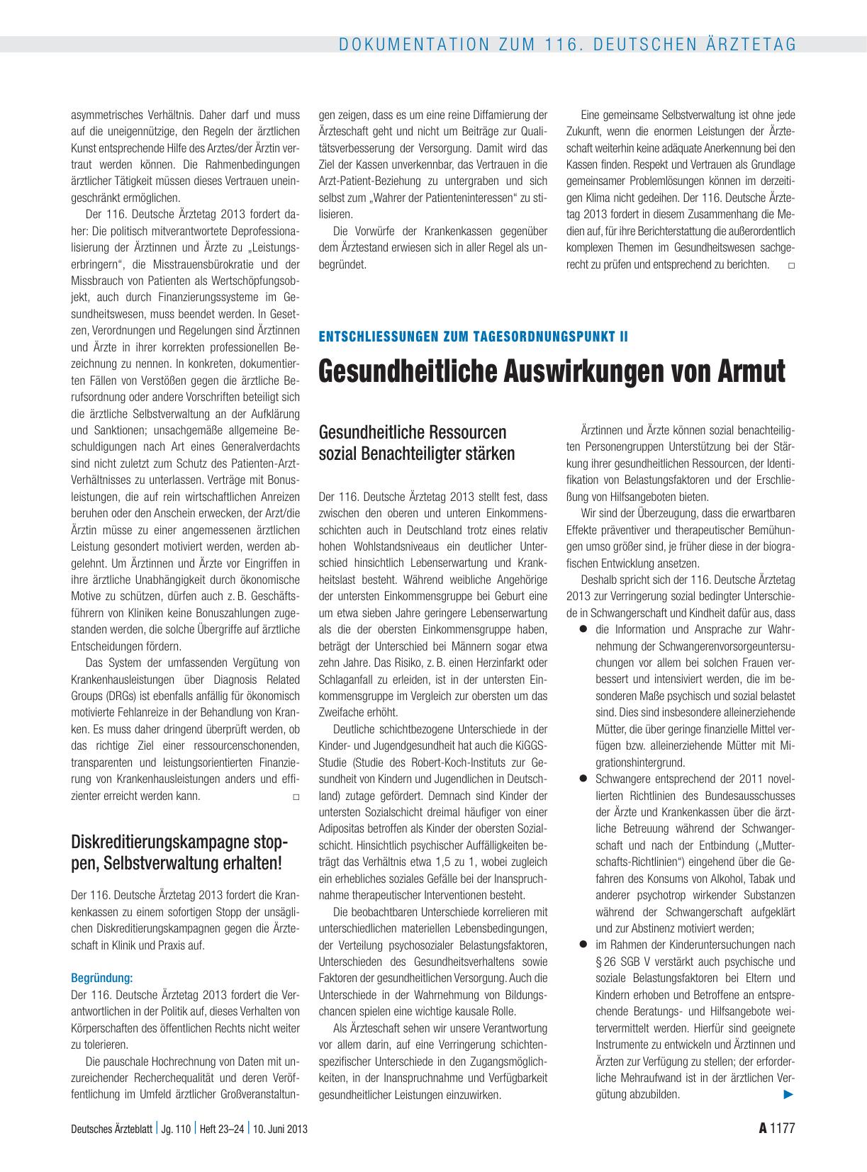 Vorschauseite 1: Entschliessungen zum Tagesordnungspunkt II: Gesundheitliche Auswirkungen von Armut