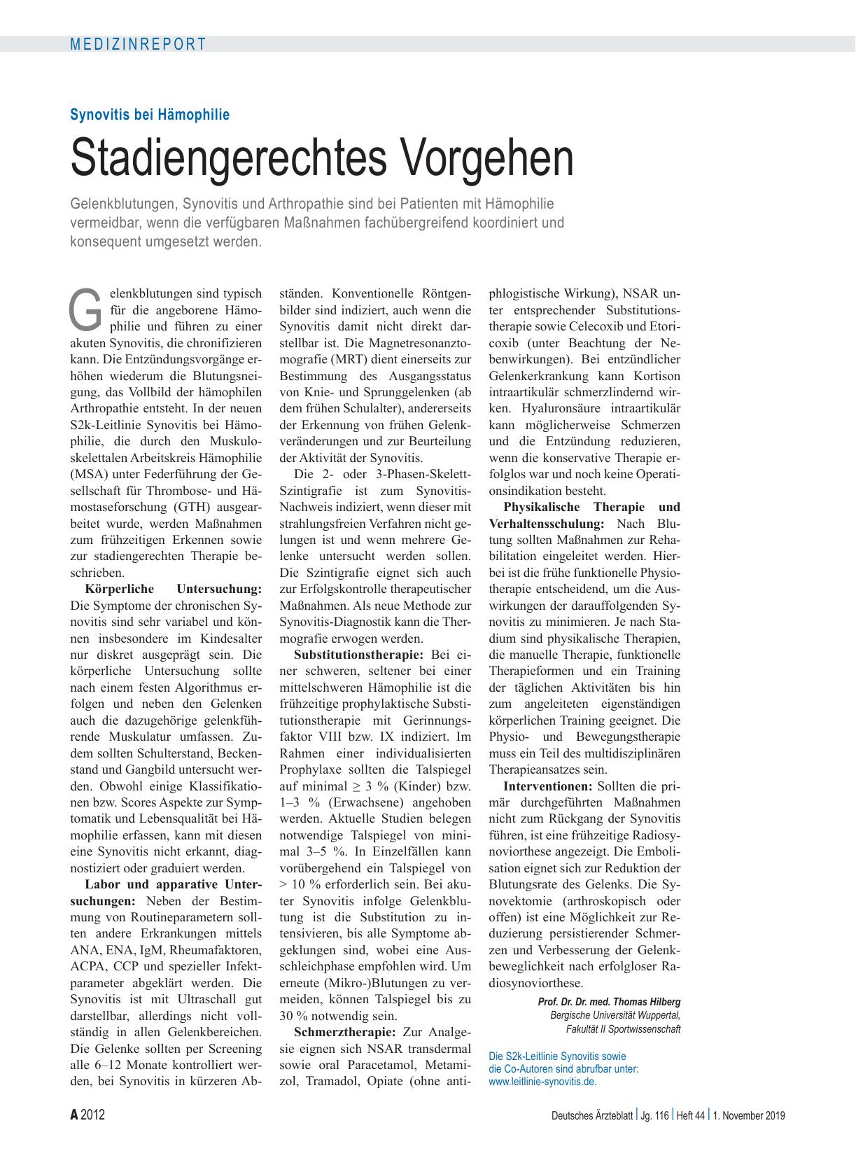 Vorschauseite 1: Synovitis bei Hämophilie: Stadiengerechtes Vorgehen