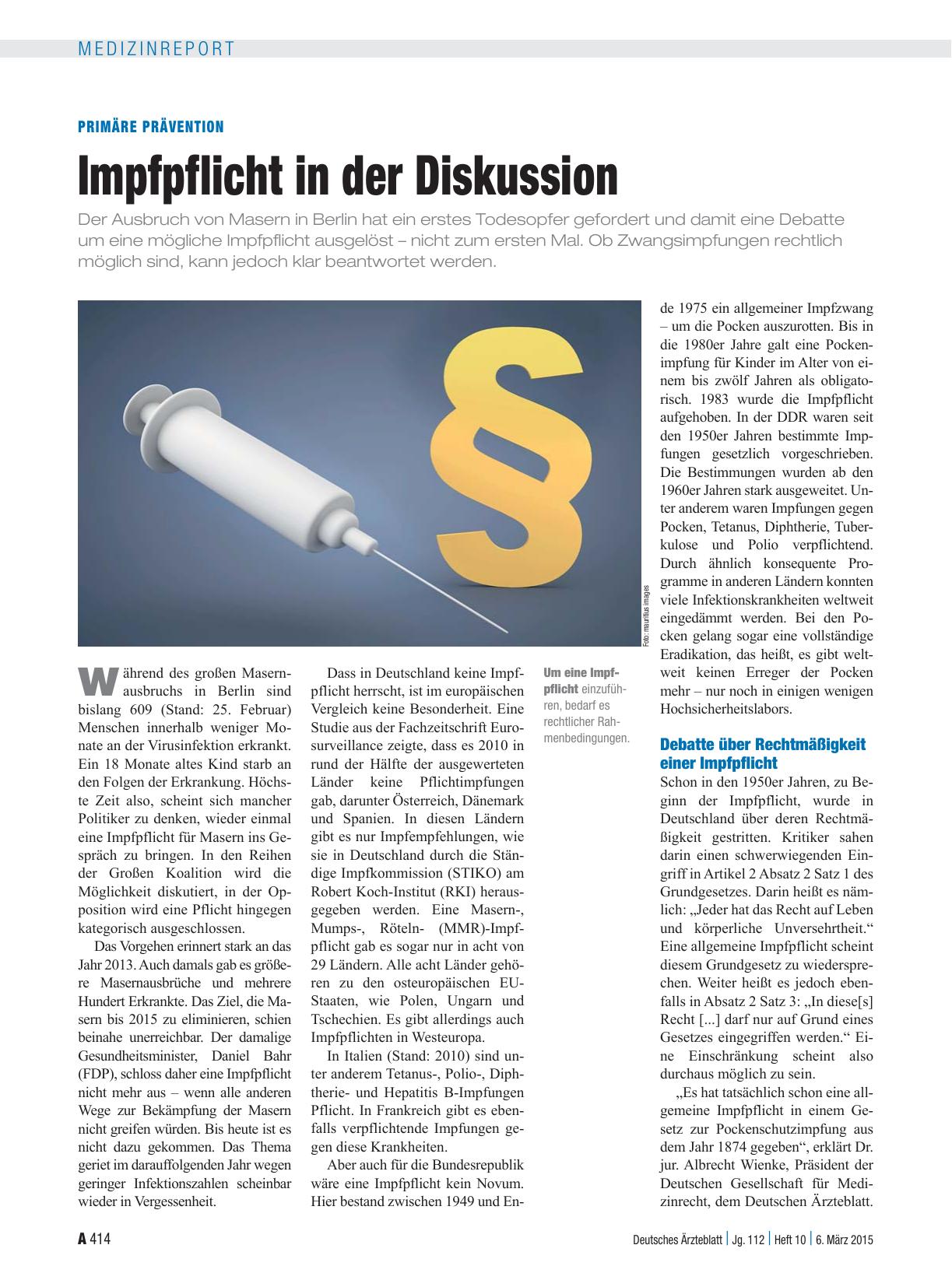 Vorschauseite 1: Primäre Prävention: Impfpflicht in der Diskussion