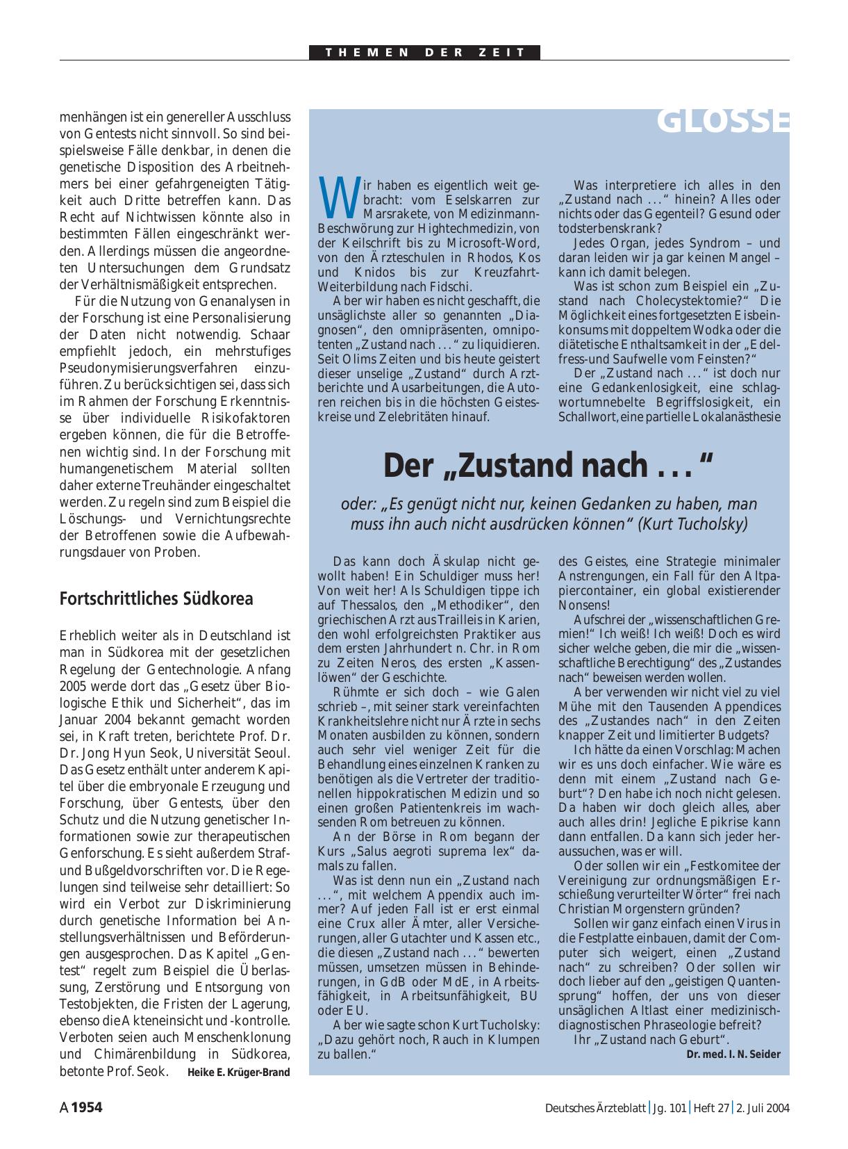 Vorschauseite 1: Der „Zustand nach. .. “ oder: „Es genügt nicht nur, keinen Gedanken zu haben, man muss ihn auch nicht ausdrücken können“ (Kurt Tucholsky)