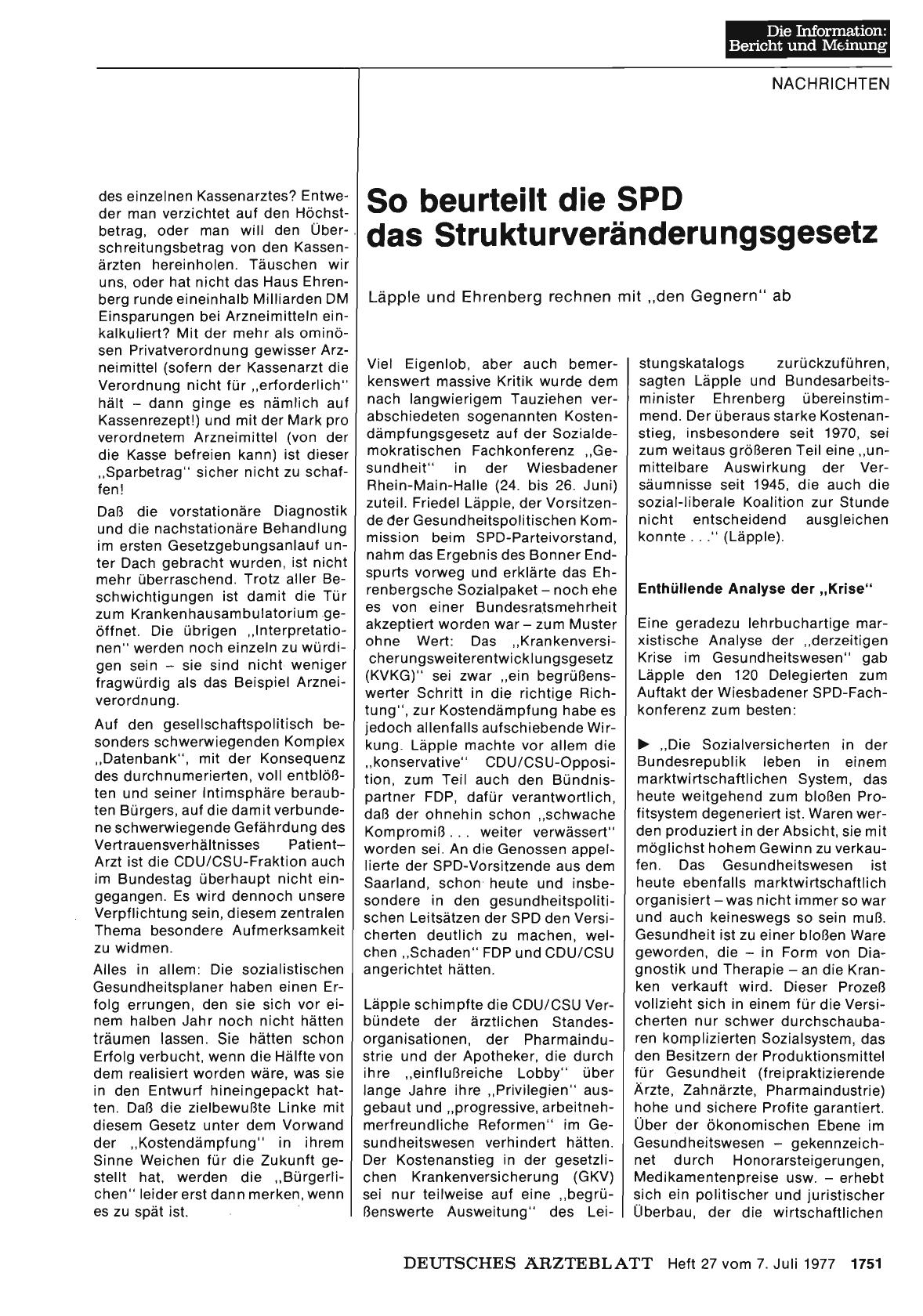 Vorschauseite 1: So beurteilt die SPD das Strukturveränderungsgesetz: Läpple und Ehrenberg rechnen mit „ den Gegnern“ ab