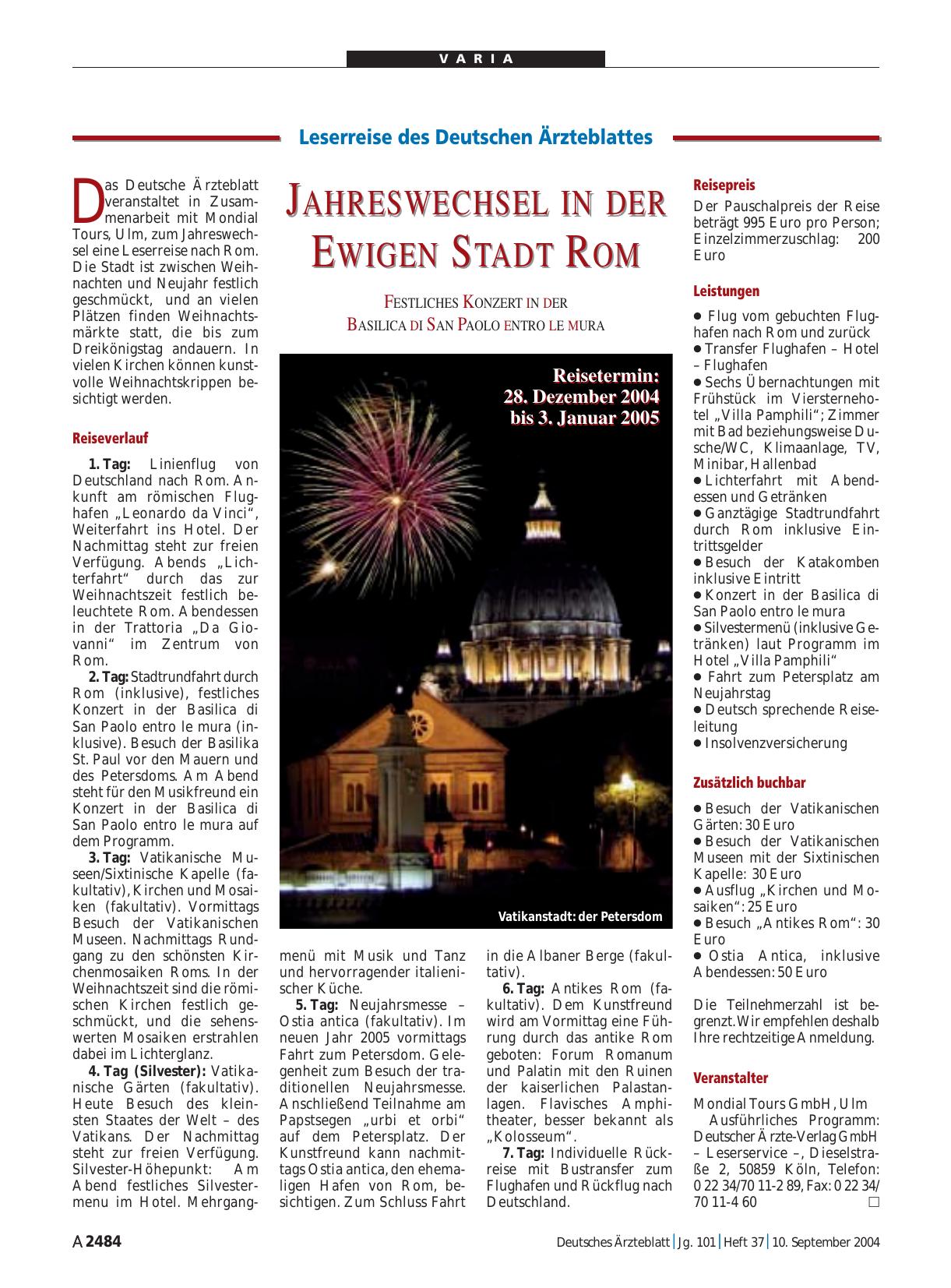 Vorschauseite 1: Leserreise des Deutschen Ärzteblattes: Jahreswechsel in der Ewigen Stadt Rom