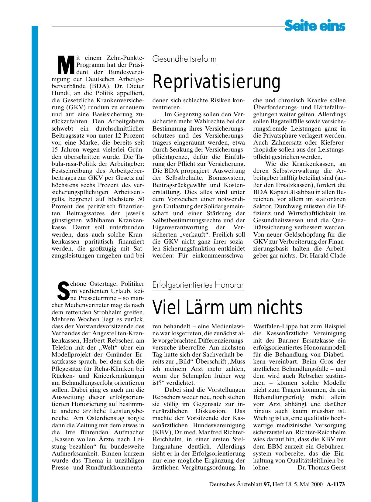 Vorschauseite 1: Gesundheitsreform: Reprivatisierung