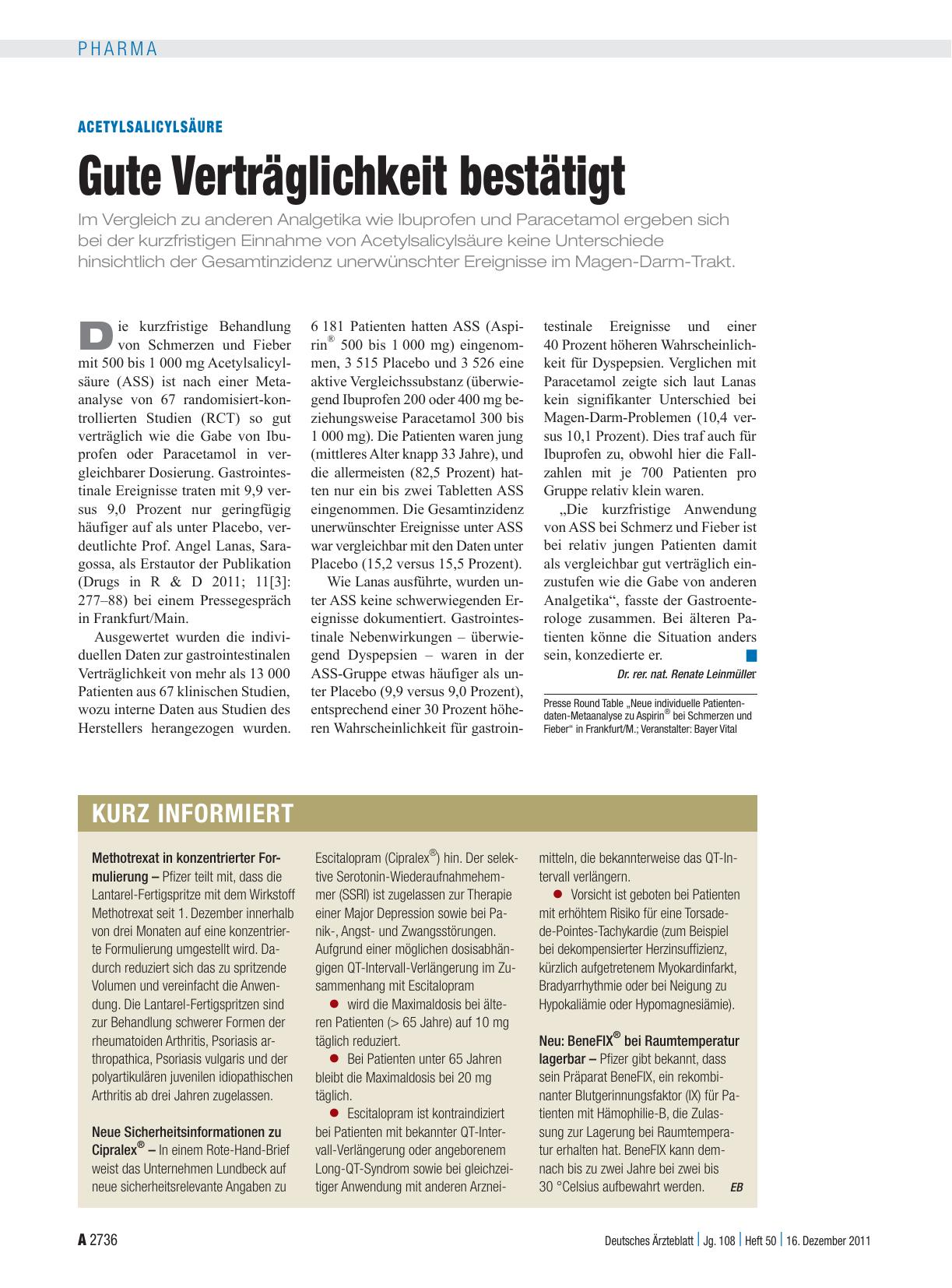 Vorschauseite 1: Acetylsalicylsäure: Gute Verträglichkeit bestätigt