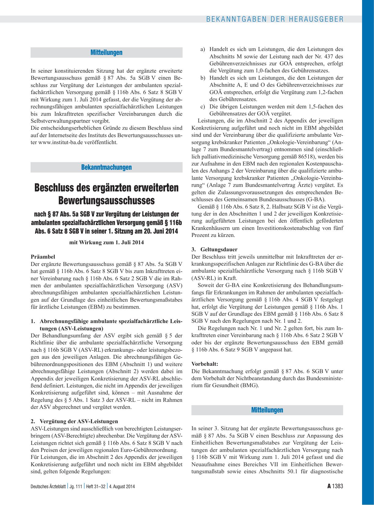 Vorschauseite 1: Beschluss des ergänzten Bewertungsausschusses nach § 87 Abs. 5a SGB V in seiner 3. Sitzung am 20. Juni 2014 zur Anpassung des Einheitlichen Bewertungsmaßstabes zur Vergütung der L…