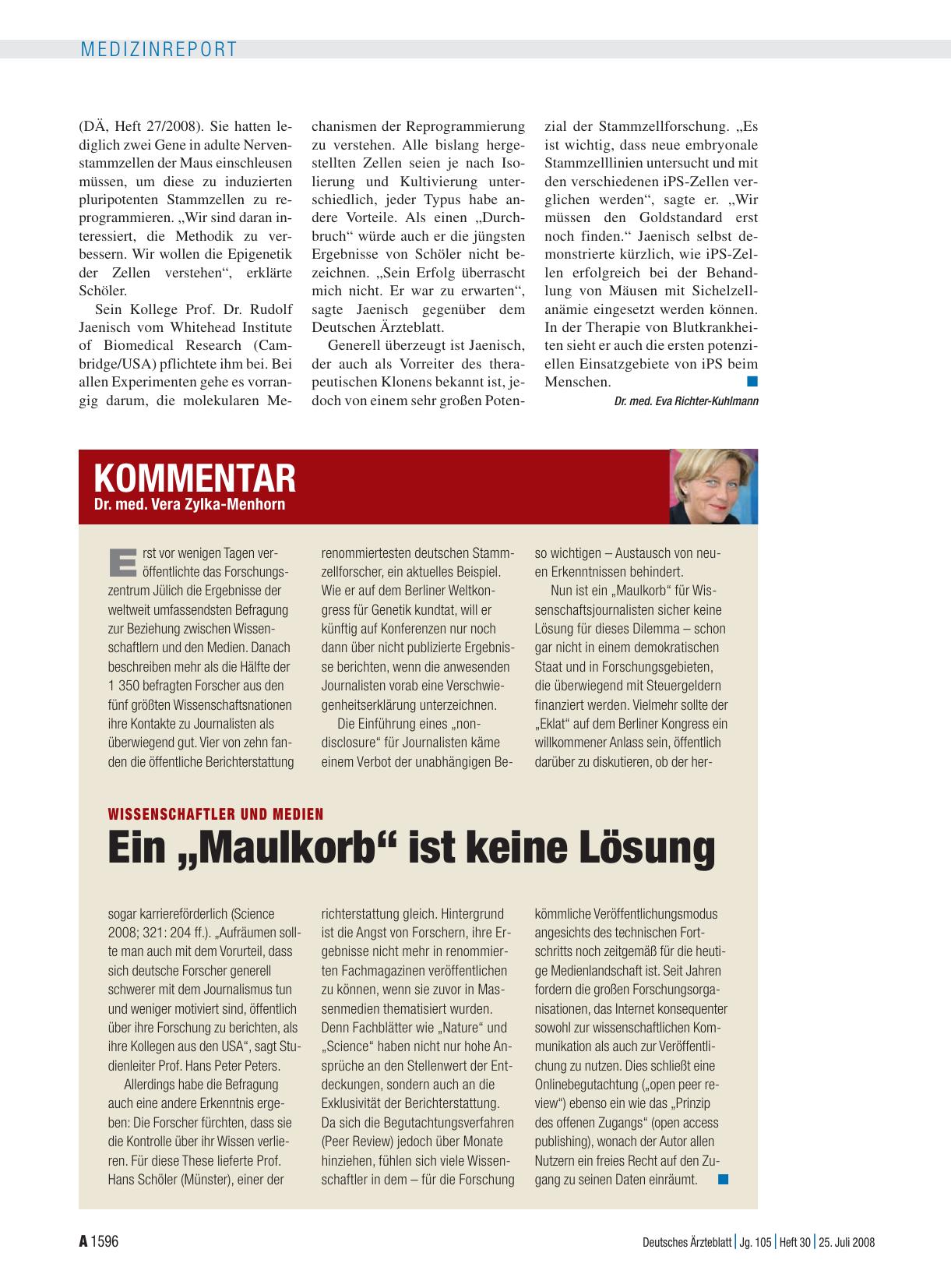 Vorschauseite 1: Kommentar: Wissenschaftler und Medien – Ein „Maulkorb“ ist keine Lösung