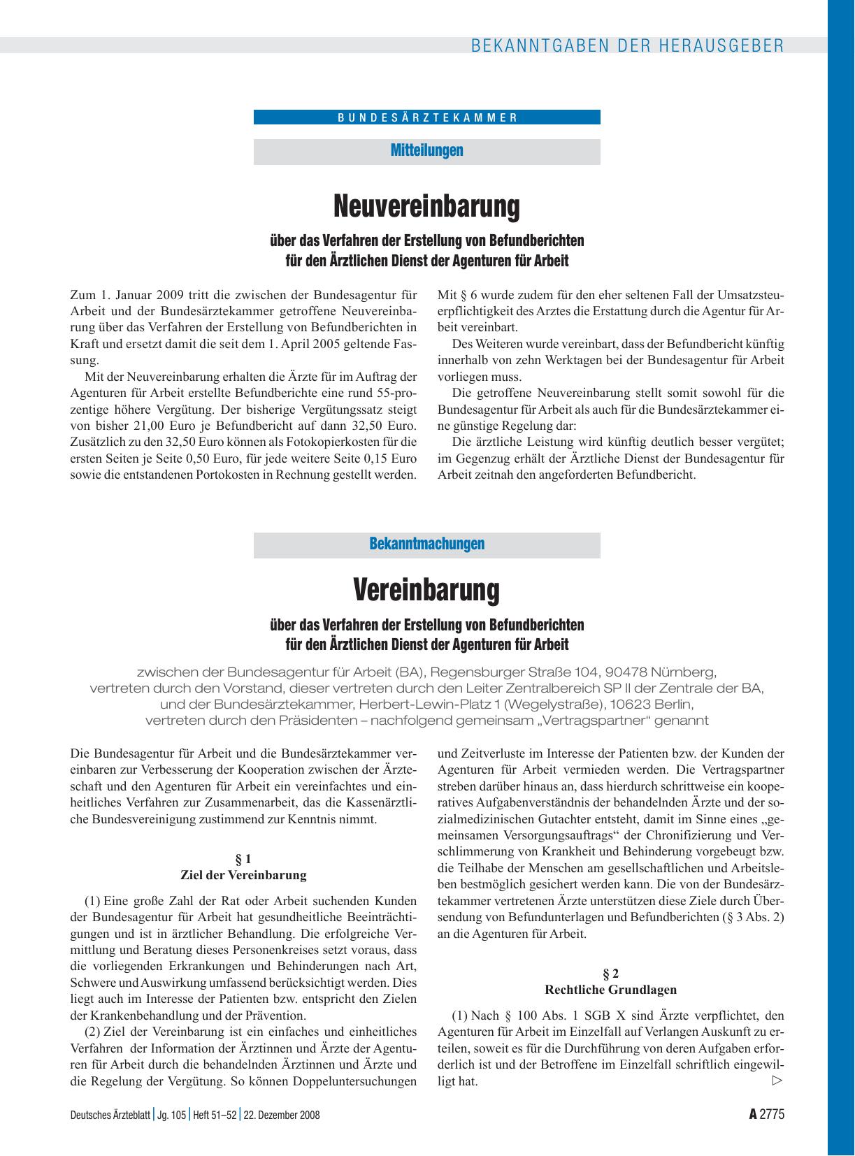Vorschauseite 1: Bekanntmachungen: Vereinbarung über das Verfahren der Erstellung von Befundberichten für den Ärztlichen Dienst der Agenturen für Arbeit