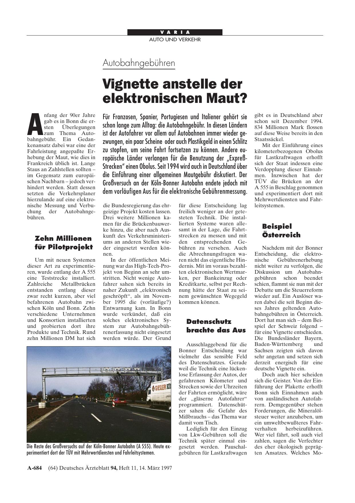 Vorschauseite 1: Autobahngebühren: Vignette anstelle der elektronischen Maut?