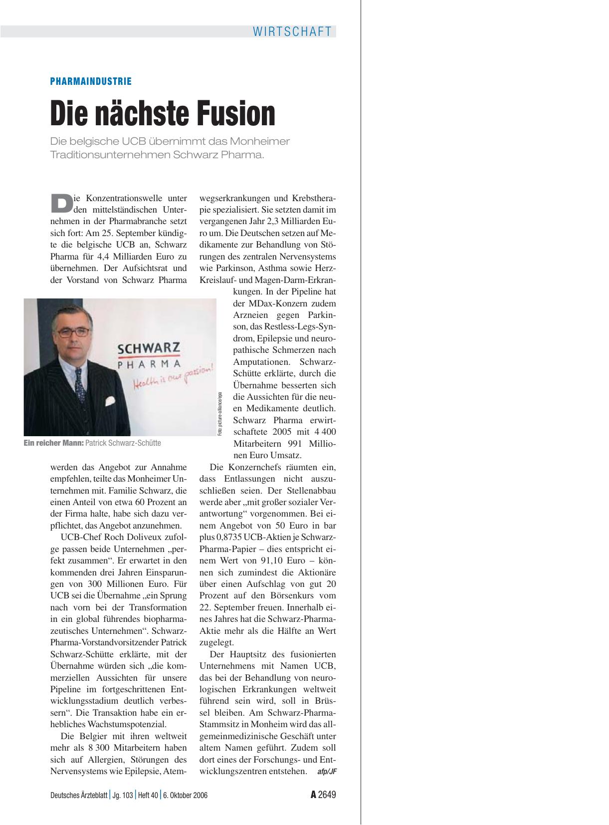 Vorschauseite 1: Pharmaindustrie: Die nächste Fusion