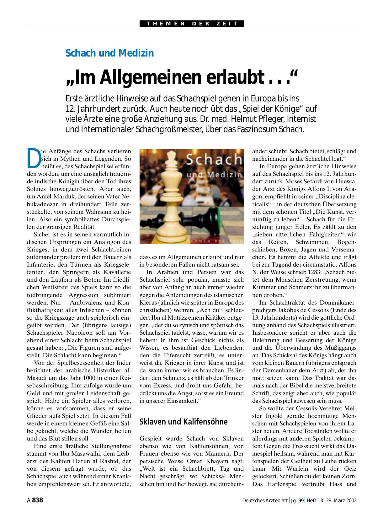 Vorschauseite 1: Schach und Medizin: „Im Allgemeinen erlaubt. .. “