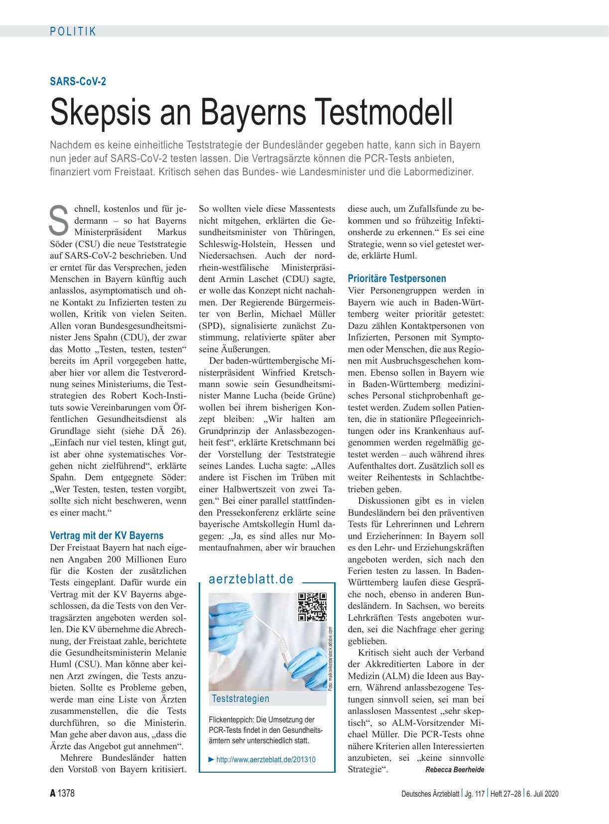 Vorschauseite 1: SARS-CoV-2: Skepsis an Bayerns Testmodell