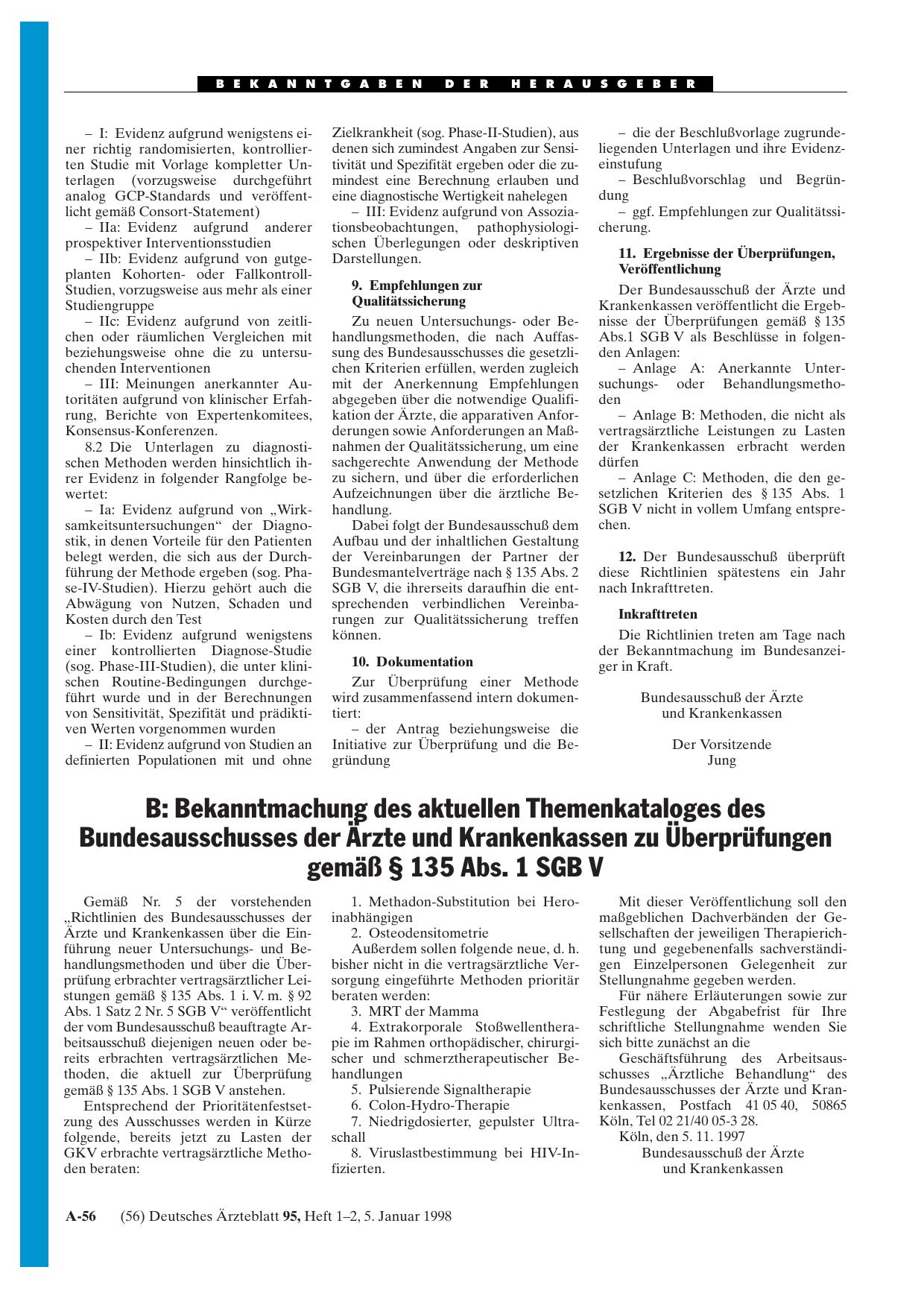 Vorschauseite 1: B: Bekanntmachung des aktuellen Themenkataloges des Bundesausschusses der Ärzte und Krankenkassen zu Überprüfungen gemäß § 135 Abs. 1 SGB V