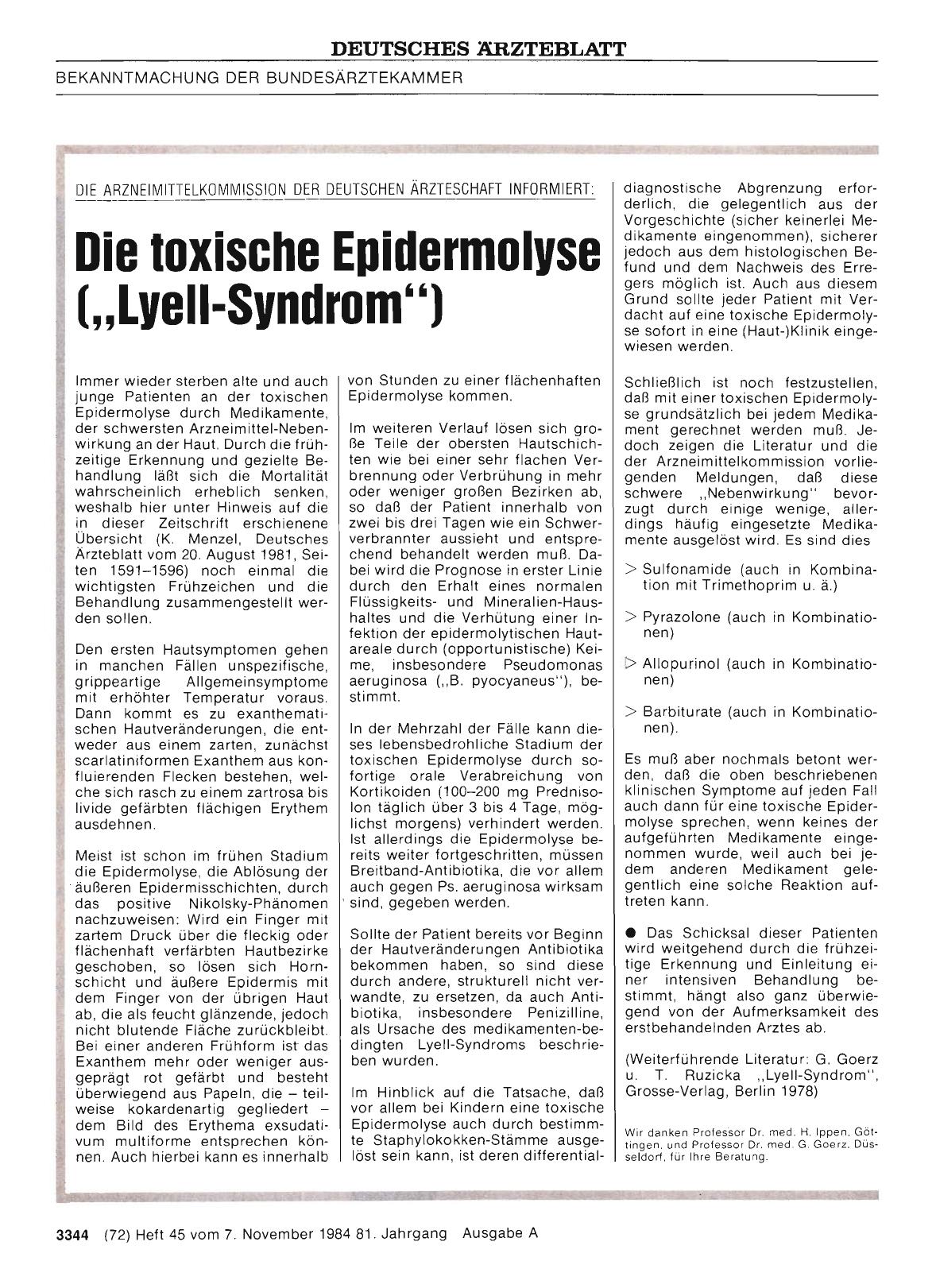 Vorschauseite 1: DIE ARZNEIMITTELKOMMISSION DER DEUTSCHEN ÄRZTESCHAFT INFORMIERT: Die toxische Epidermolyse ( I Lyell-Syndrom“)