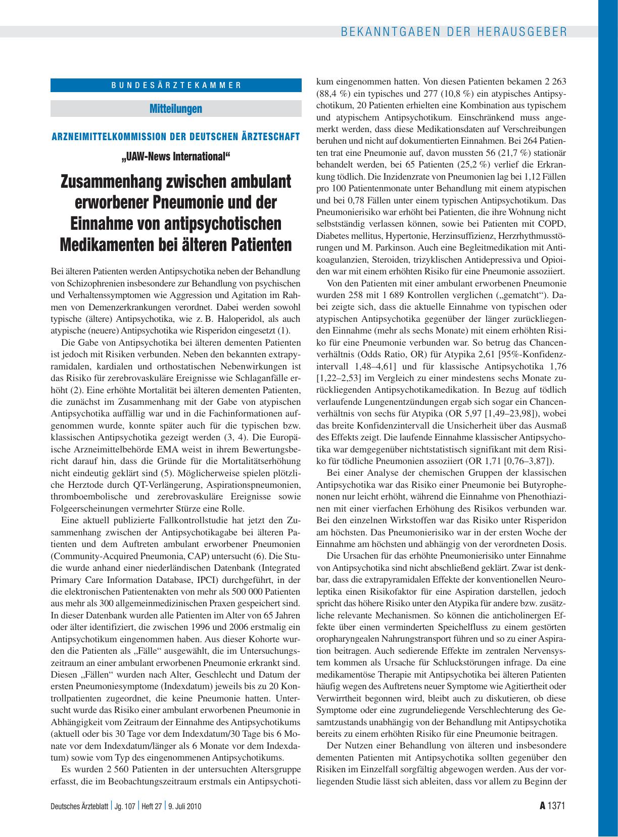Vorschauseite 1: Arzneimittelkommission der deutschen Ärzteschaft: „UAW-News International“ Zusammenhang zwischen ambulant erworbener Pneumonie und der Einnahme von antipsychotischen Medikamenten…