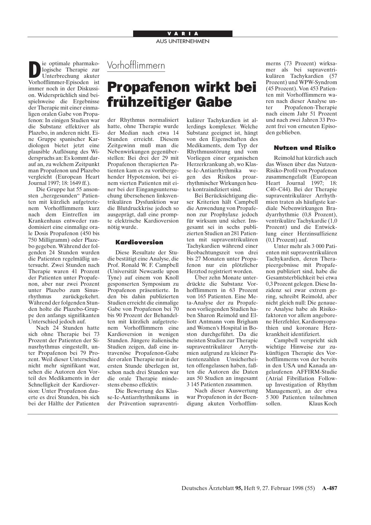Vorschauseite 1: Vorhofflimmern: Propafenon wirkt bei frühzeitiger Gabe