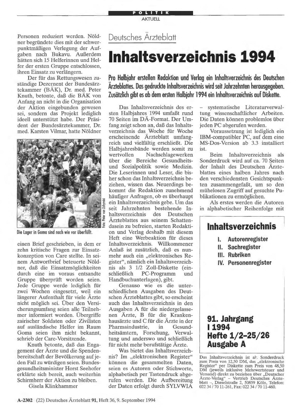 Vorschauseite 1: Deutsches Ärzteblatt: Inhaltsverzeichnis 1994
