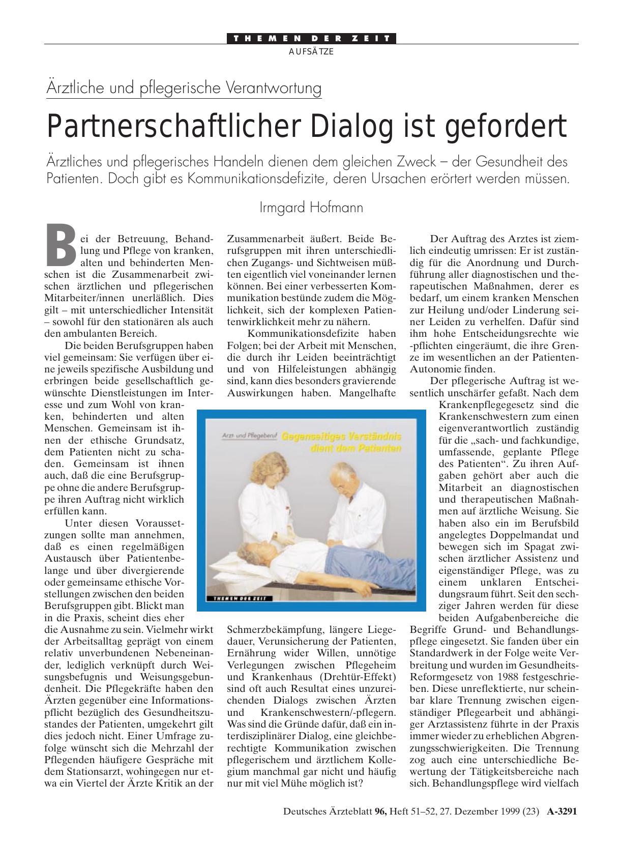 Vorschauseite 1: Ärztliche und pflegerische Verantwortung: Partnerschaftlicher Dialog ist gefordert