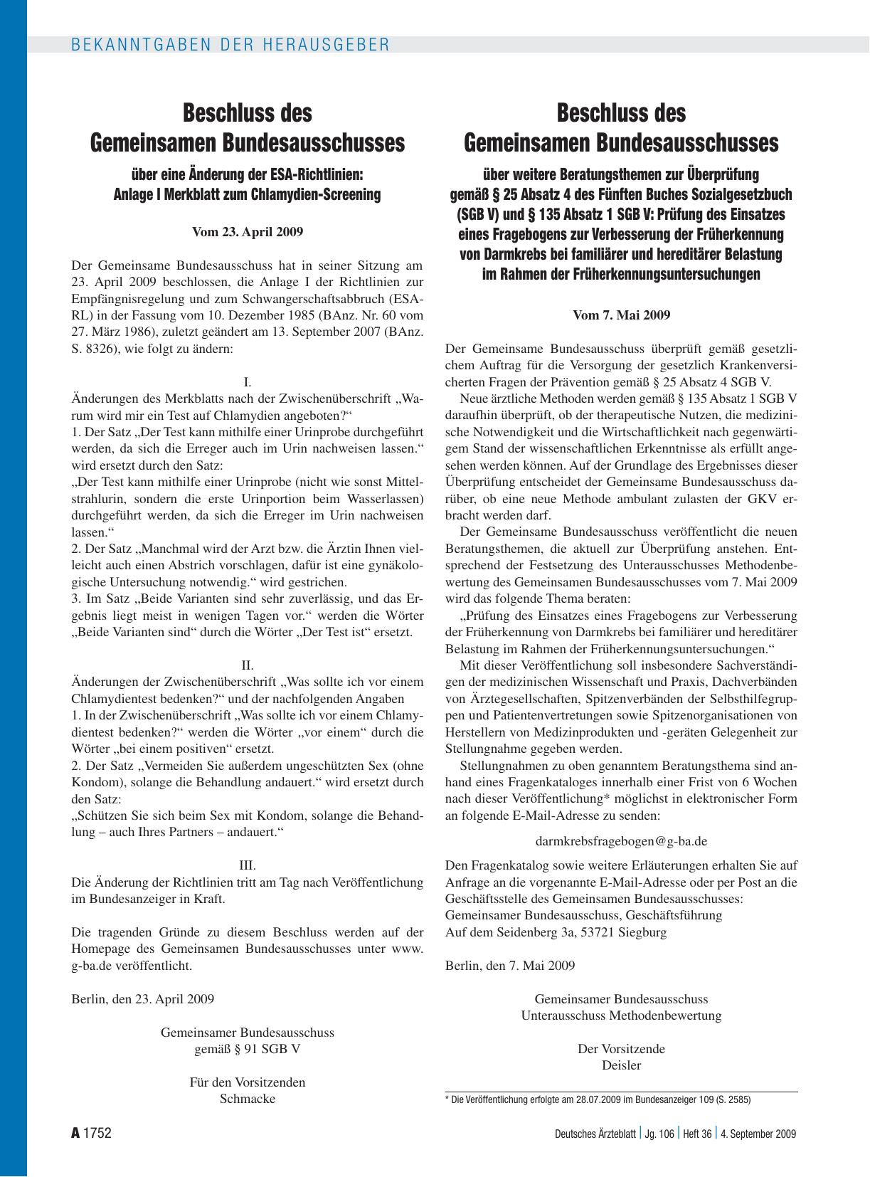 Vorschauseite 1: Beschluss des Gemeinsamen Bundesausschusses über eine Änderung der ESA-Richtlinien: Anlage I Merkblatt zum Chlamydien-Screening Vom 23. April 2009