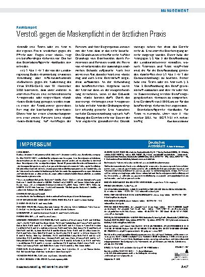Vorschauseite 1: Rechtsreport: Verstoß gegen die Maskenpflicht in der ärztlichen Praxis