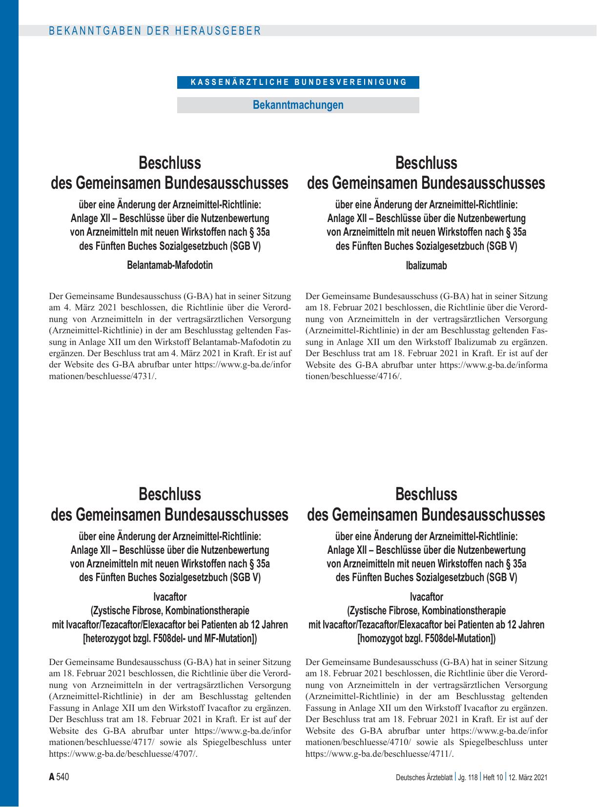 Vorschauseite 1: Beschluss des Gemeinsamen Bundesausschusses über eine Änderung der Arzneimittel-Richtlinie: Anlage XII – Ivacaftor (Zystische Fibrose, Kombinationstherapie mit Ivacaftor/Tezacafto…
