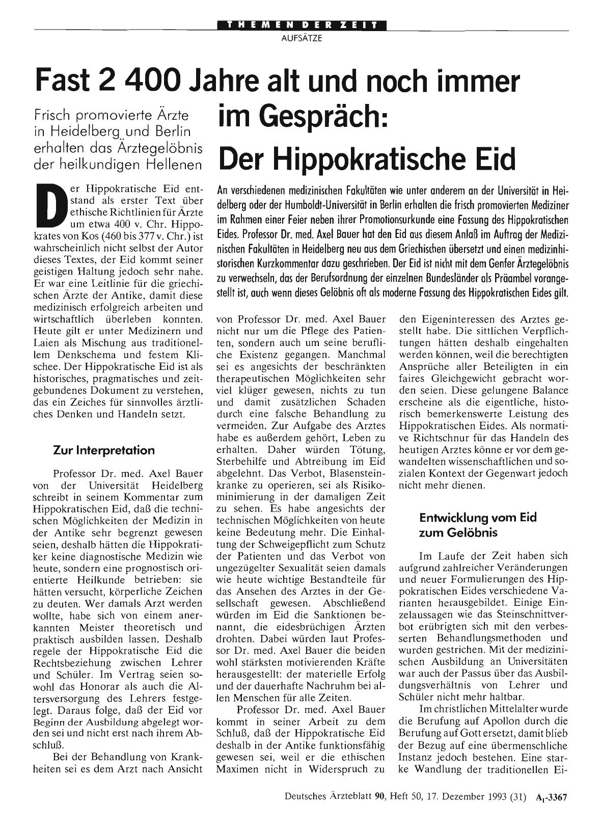 Vorschauseite 1: Fast 2 400 Jahre alt und noch immer im Gespräch: Der Hippokratische Eid