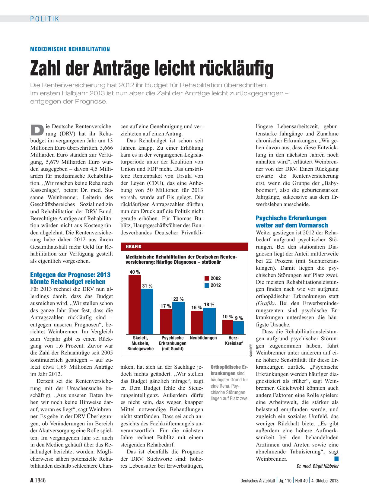 Vorschauseite 1: Medizinische Rehabilitation: Zahl der Anträge leicht rückläufig
