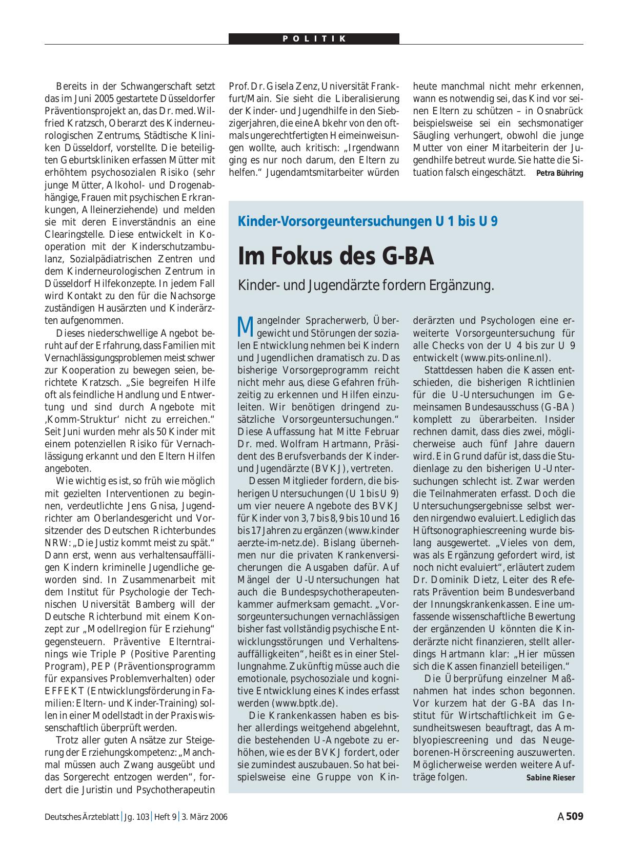 Vorschauseite 1: Kinder-Vorsorgeuntersuchungen U 1 bis U 9: Im Fokus des G-BA