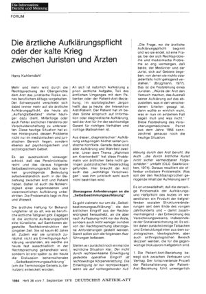 Vorschauseite 1: Die ärztliche Aufklärungspflicht oder der kalte Krieg zwischen Juristen und Ärzten