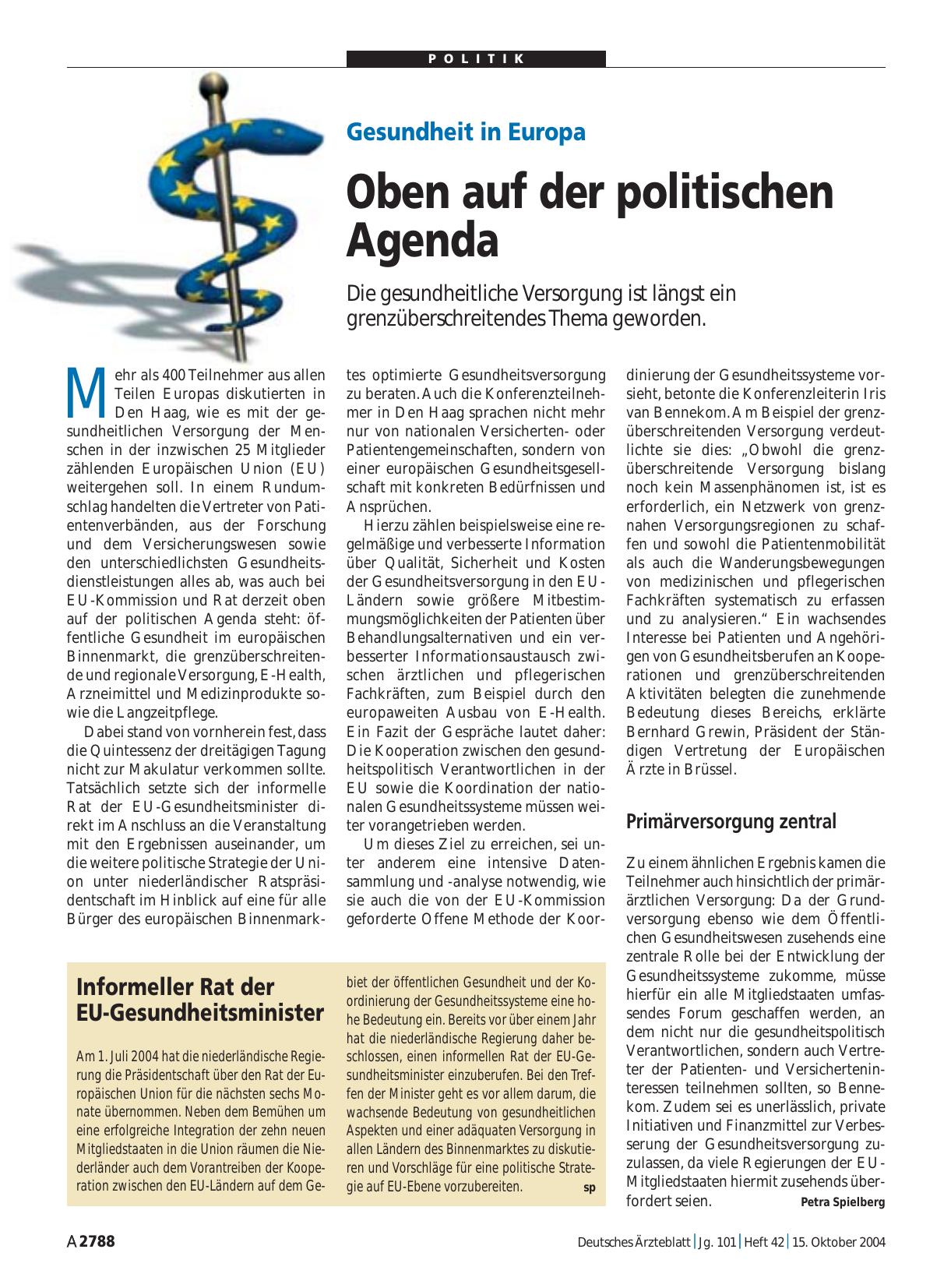 Vorschauseite 1: Gesundheit in Europa: Oben auf der politischen Agenda
