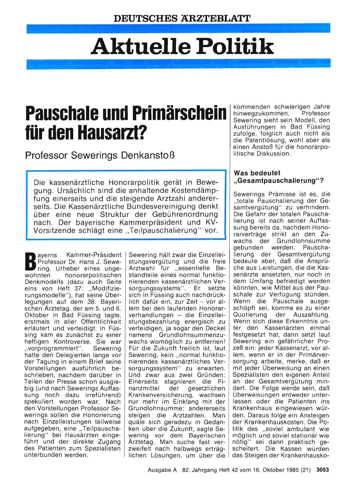 Vorschauseite 1: Pauschale und Primärschein für den Hausarzt? : Professor Sewerings Denkanstoß