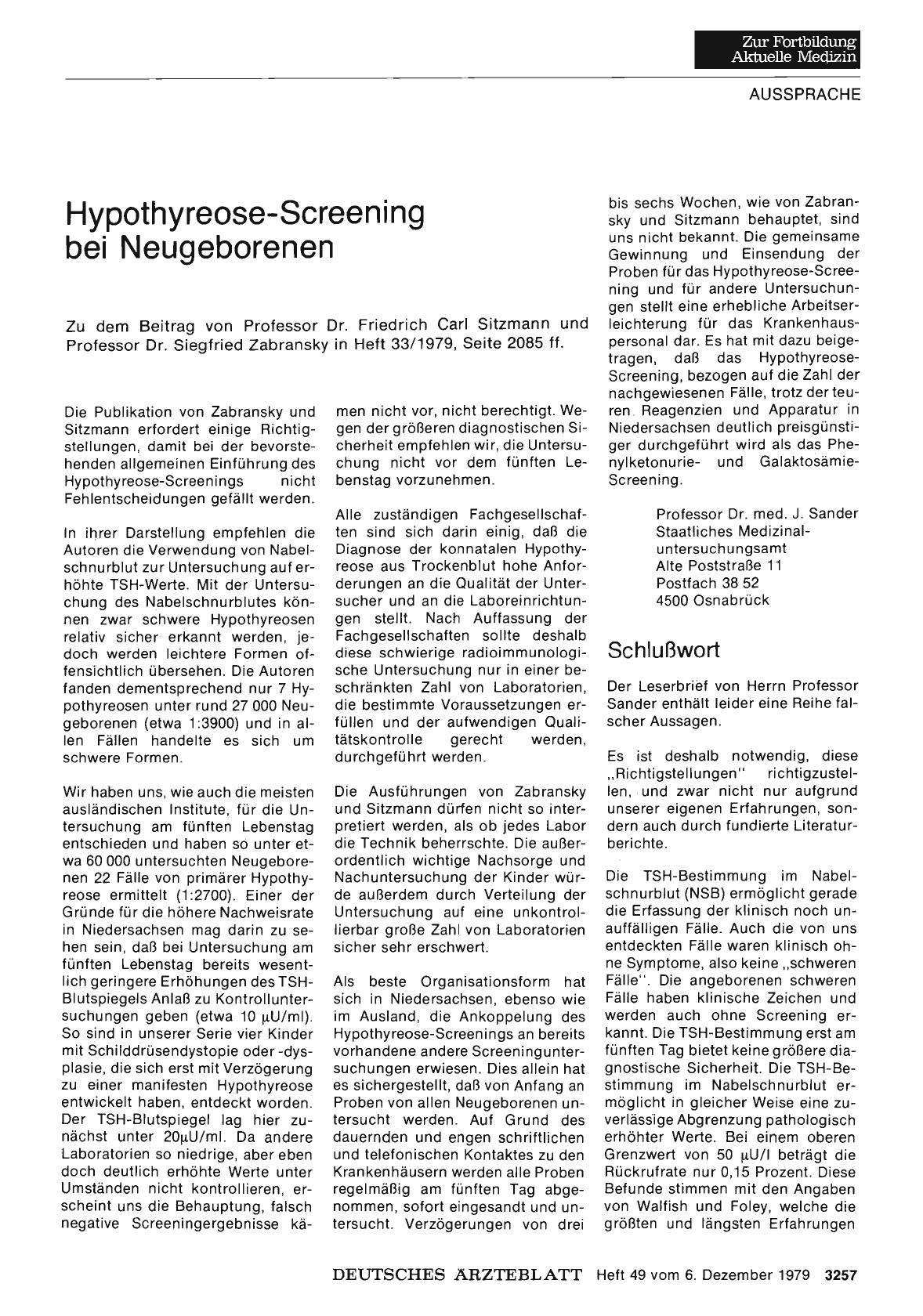 Vorschauseite 1: Hypothyreose-Screening bei Neugeborenen: Schlußwort