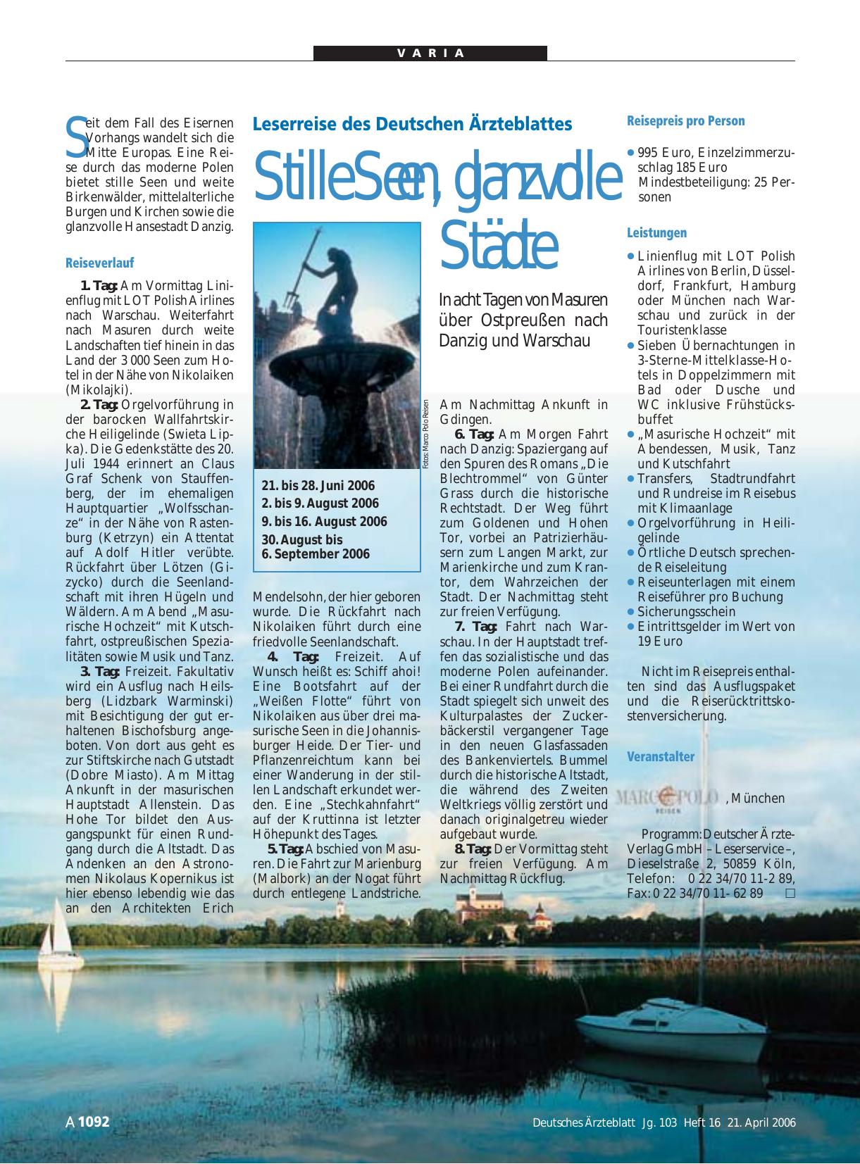 Vorschauseite 1: Leserreise des Deutschen Ärzteblattes: Stille Seen, glanzvolle Städte
